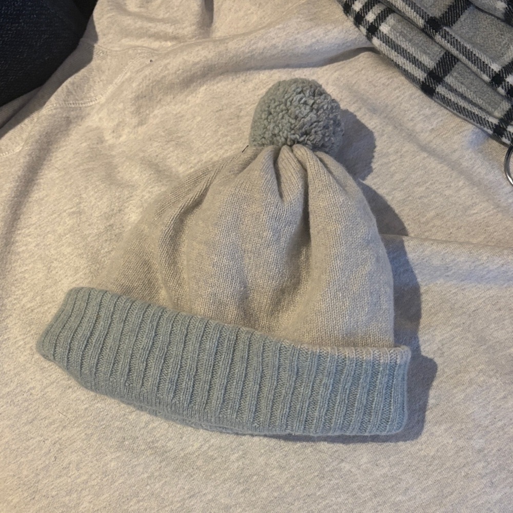 Womens Pom-Pom Beanie Hat - Light Gray and blue